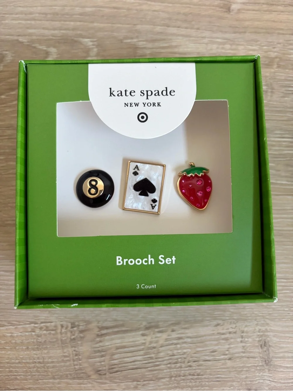 New Kate Spade New York x Target Brooch Set 3pk Eight Ball Strawberry Ace Card